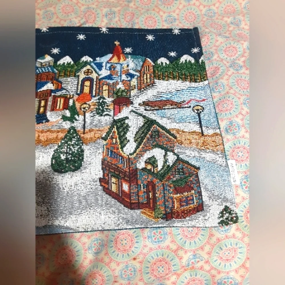 Festive Holiday Tapestry with Village Table Place Mat Scene 17X13